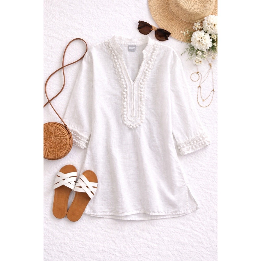 Chico's Linen‎ Blend Embellished Tunic Blouse Size 3 Resort Chic Quiet Luxury